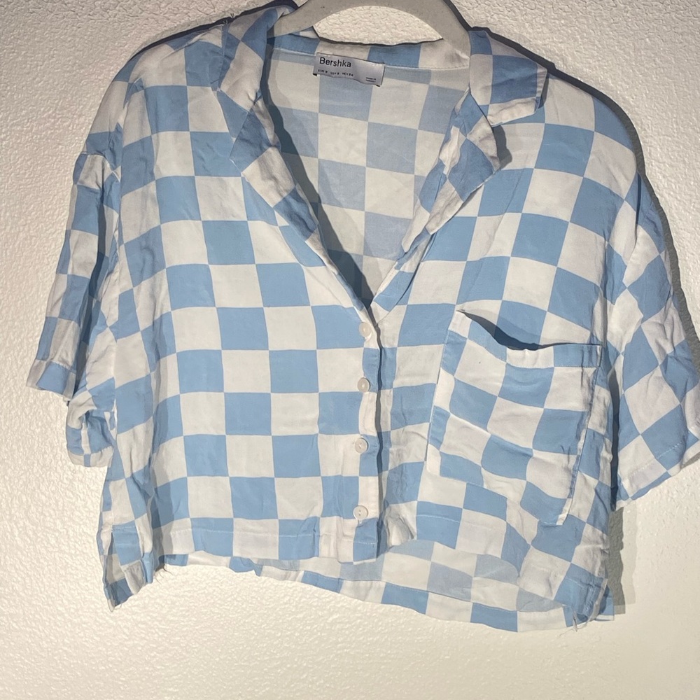 Collared Cropped short sleeve checkered shirt